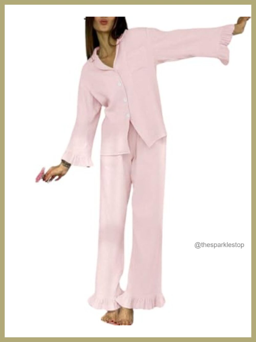 Cotton Gauze Muslin 3 Piece Pajama Set Long Sleeve Button Down Ruffle Lounge